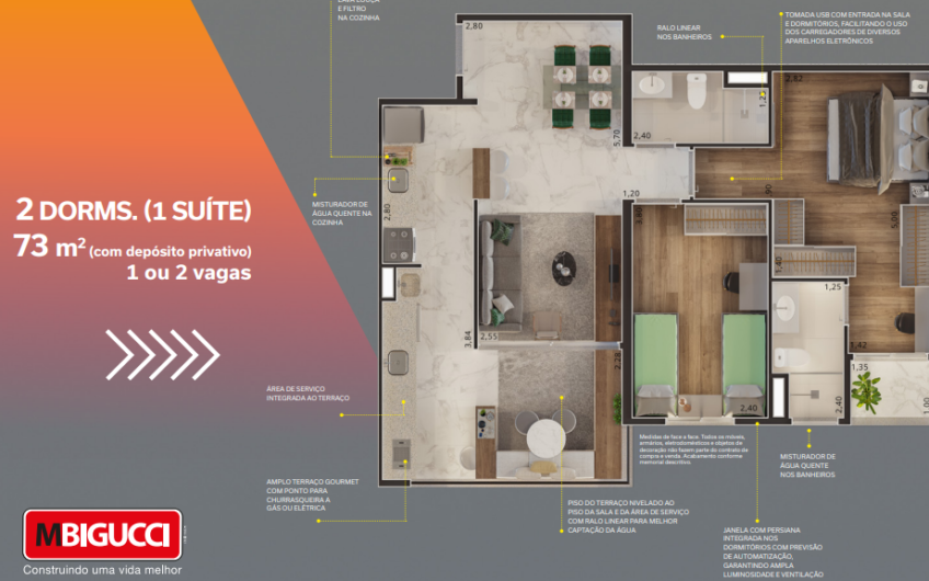 Stilo M.Bigucci, apartamentos de 71 , 73 e 82 m2, com 1 ou 2 vagas. Sendo a unidade de 71m2 c 2 dorm , varanda e vaga a partir de 765 mil. Entrega em dezembro de 2025.